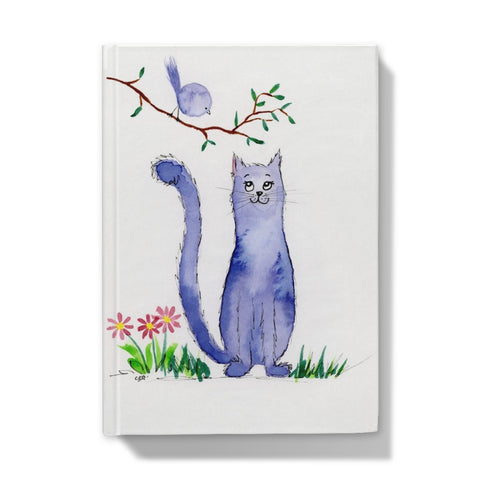 Whimsical purple feline looking at a bird in a tree, watercolour artwork on journal cover