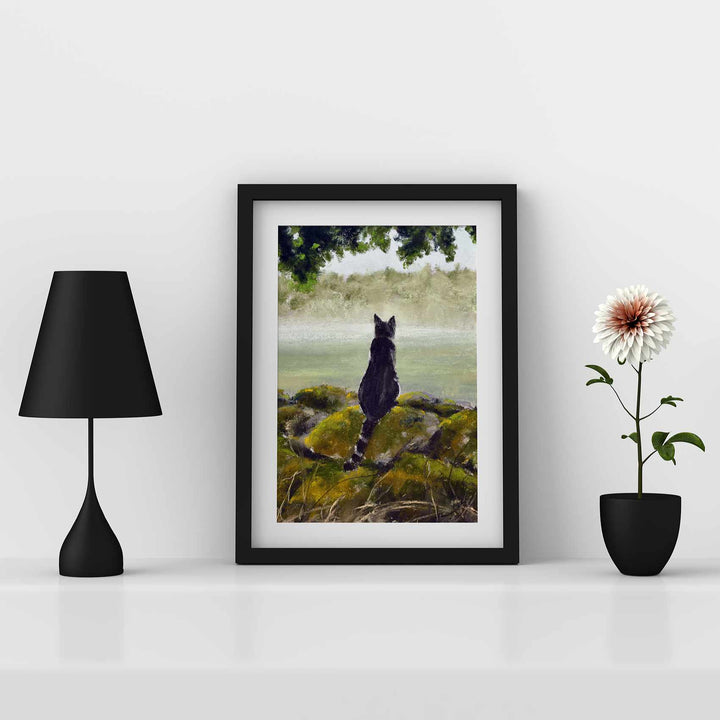 Black cat framed and mounted art print in black frame