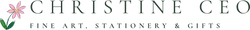 A logo-style graphic with a pink flower and green leaves on the left, followed by the large text 'CHRISTINE CEO' and smaller text 'FINE ART, STATIONERY & GIFTS' on a black background.