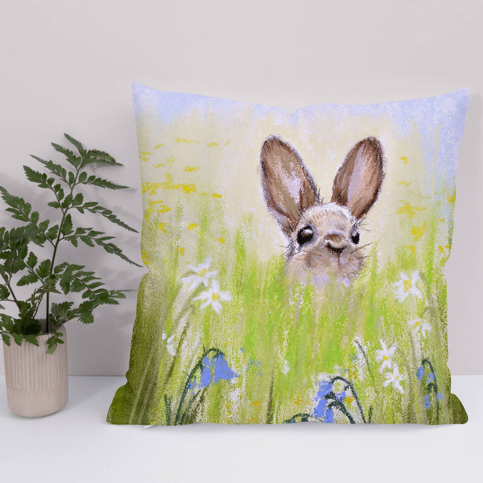 Brown rabbit and meadow flowers decorative art throw pillow