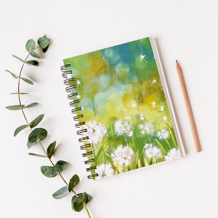 Fluffy dandelion seed heads artwork cover design notebook