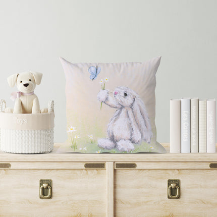 White Rabbit, Daisy Flowers and Blue Butterfly decorative art throw cushions
