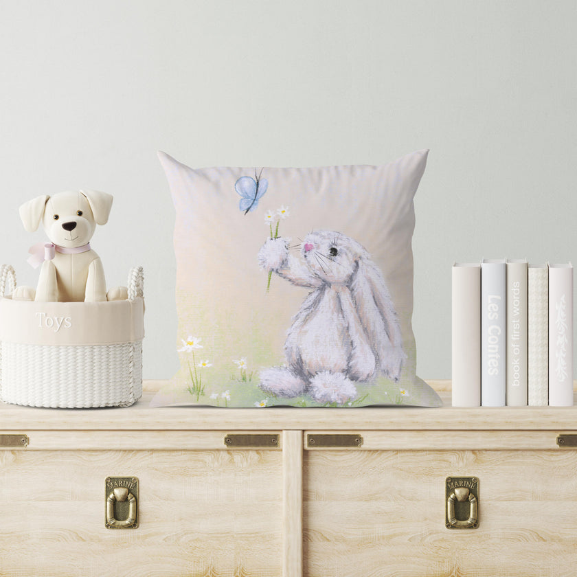 White Rabbit, Daisy Flowers and Blue Butterfly decorative art throw cushions
