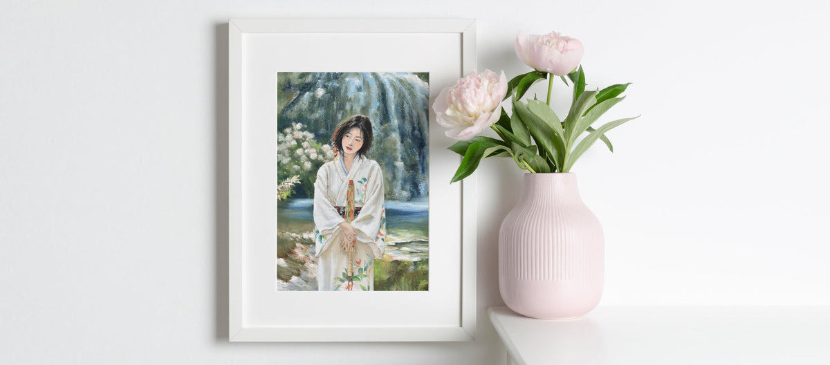 Beautiful geisha in a white kimono, art print in white frame.