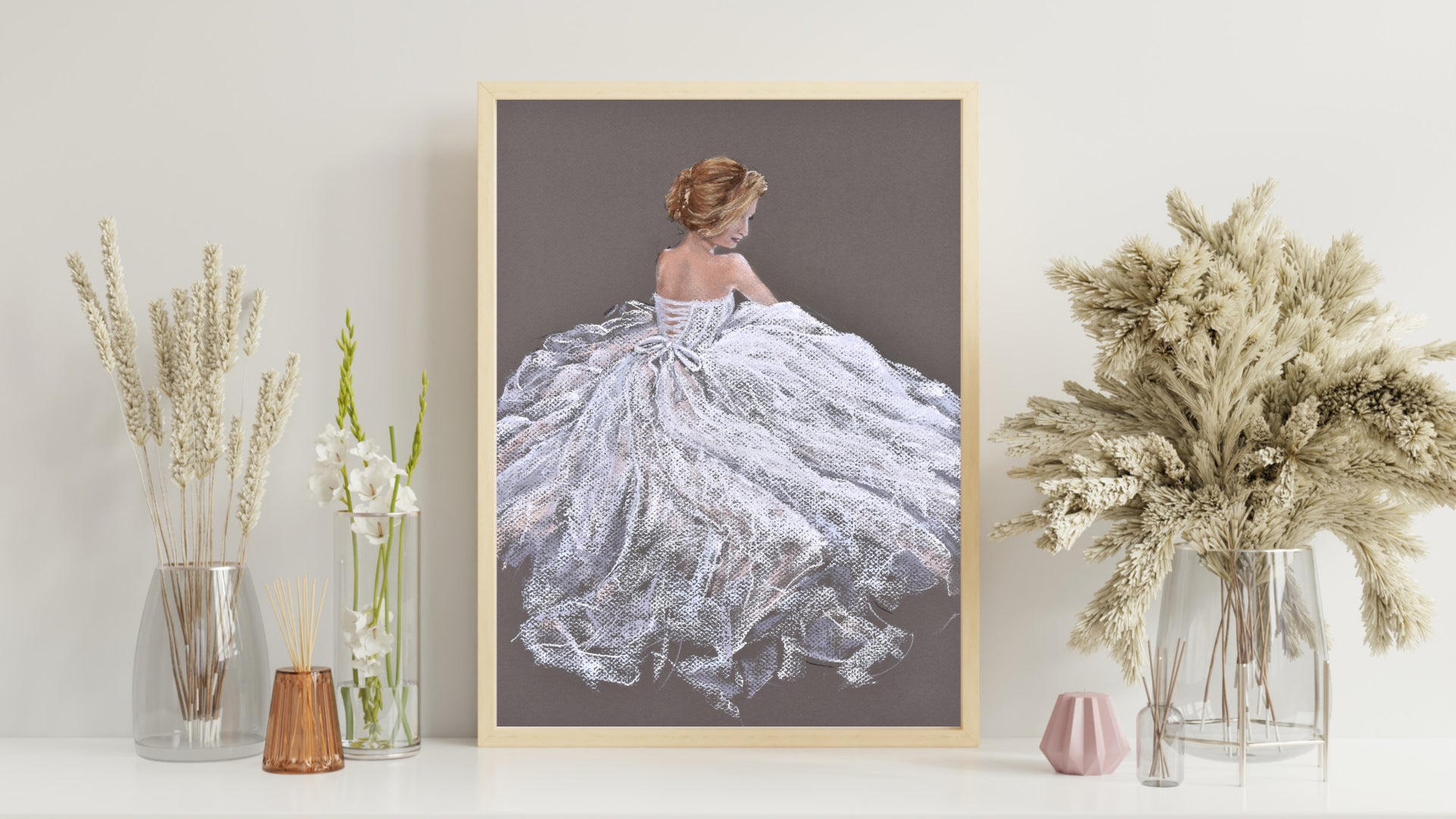 Lady in Tulle artwork fine art print in gold frame on shelf with ornaments