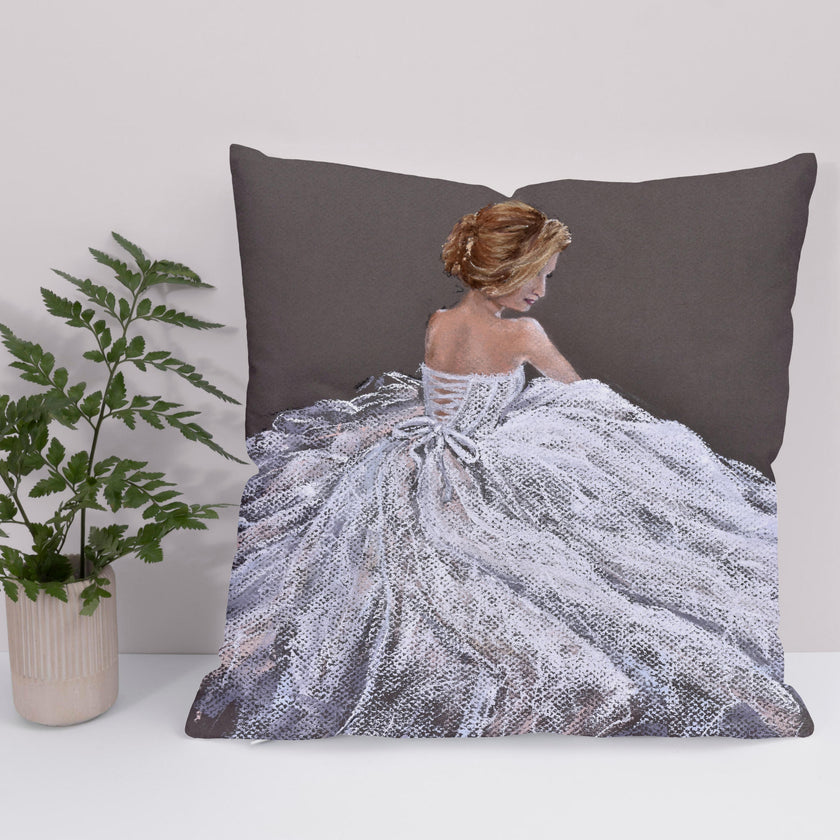 Lady in a white dress art design throw cushion. Square