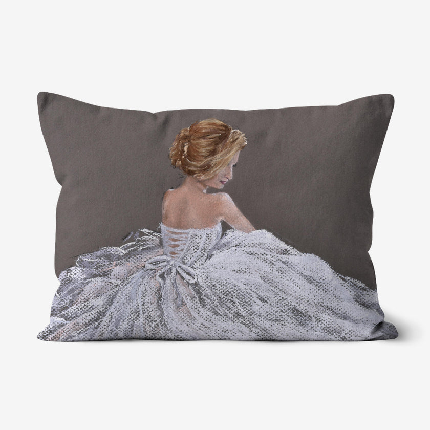 Elegant modern lady in a white dress art design linen throw cushion. Rectangular