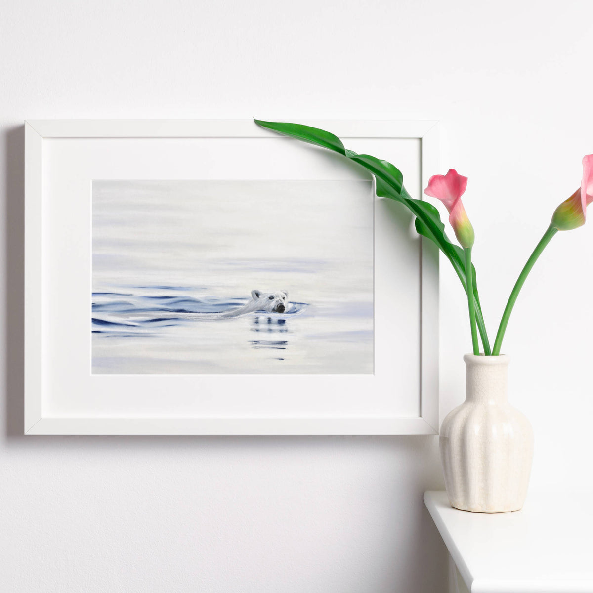 Polar Bear painting, art print in white frame with white mount