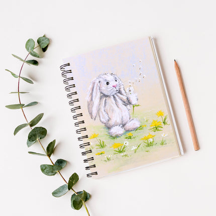 Adorable white Rabbit and dandelion seeds artwork cover design spiral bound notebook