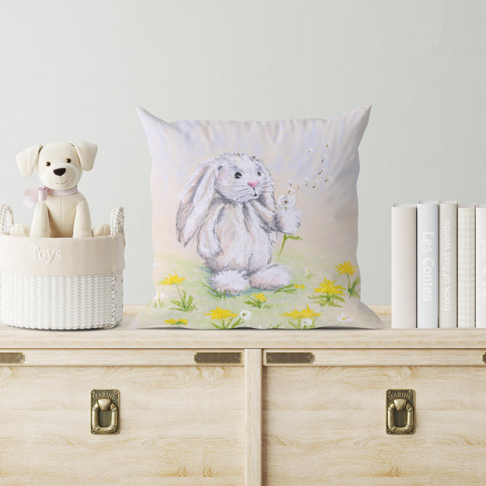 Adorable rabbit, dandelion seeds and flowers art designed throw cushion