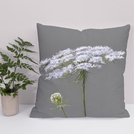 Queen Anne's Lace wild flower decorative throw cushion. Grey and white with accents of pink and blue colours