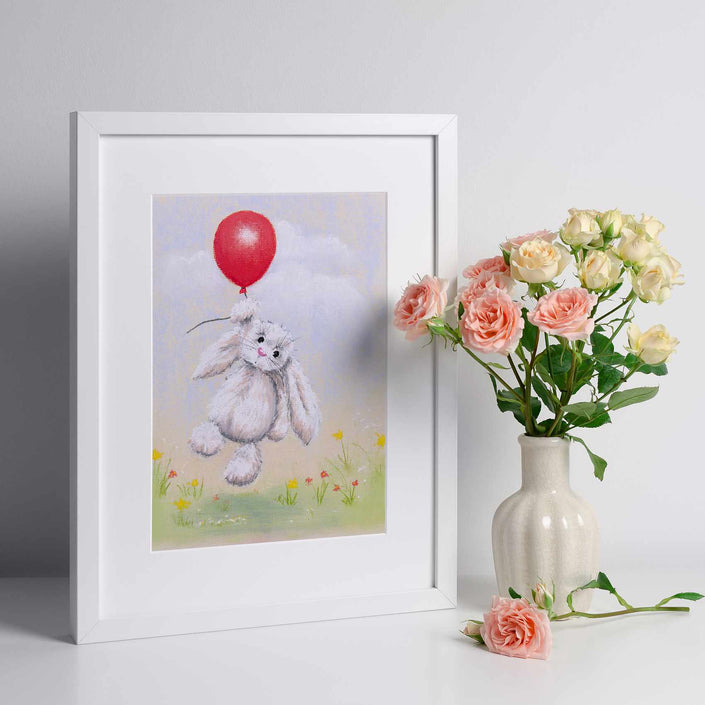 Adorable rabbit, red balloon and flowers fine art print in a white frame