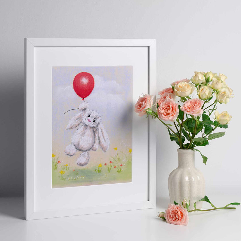 Adorable rabbit, red balloon and flowers fine art print in a white frame
