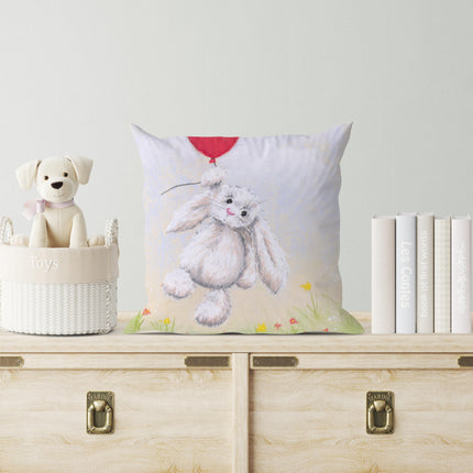 Rabbit artwork design sofa cushion. Square in room setting