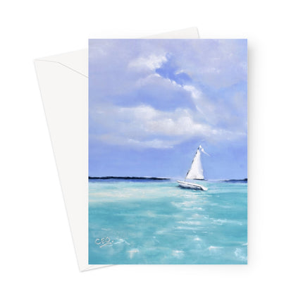 A vertical art print or greeting card featuring a painted seascape with a small white sailboat on turquoise water under a blue sky, shown with a white envelope behind it on a light gray background.