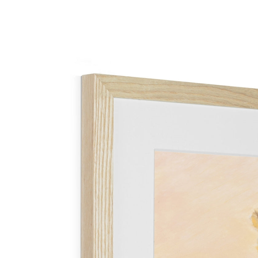 Teddy Bears at Christmas, art print in natural frame. Close up of top corner and natural frame