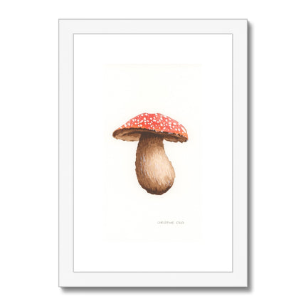 Framed illustration of a mushroom with a red cap with a white frame