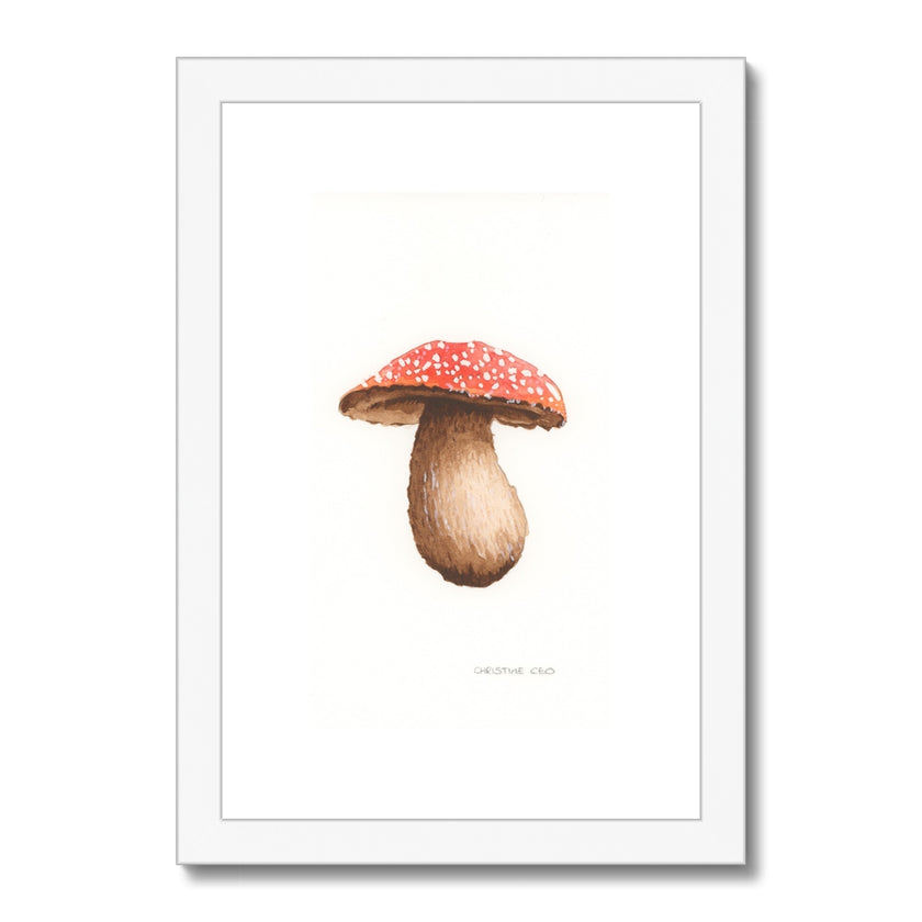 Framed illustration of a mushroom with a red cap with a white frame