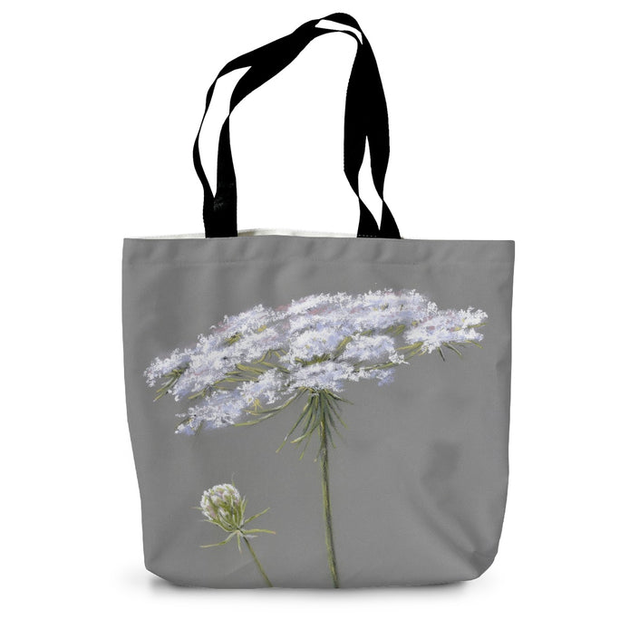 Gray tote bag with white floral design 