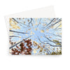A landscape format greeting card featuring an upward-looking view of tree branches reaching toward a blue sky, with yellow and brown autumn leaves, shown with a white envelope behind it on a white background.