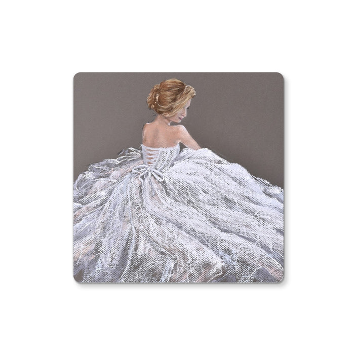 Beautiful lady in a white dress, square artwork design coaster