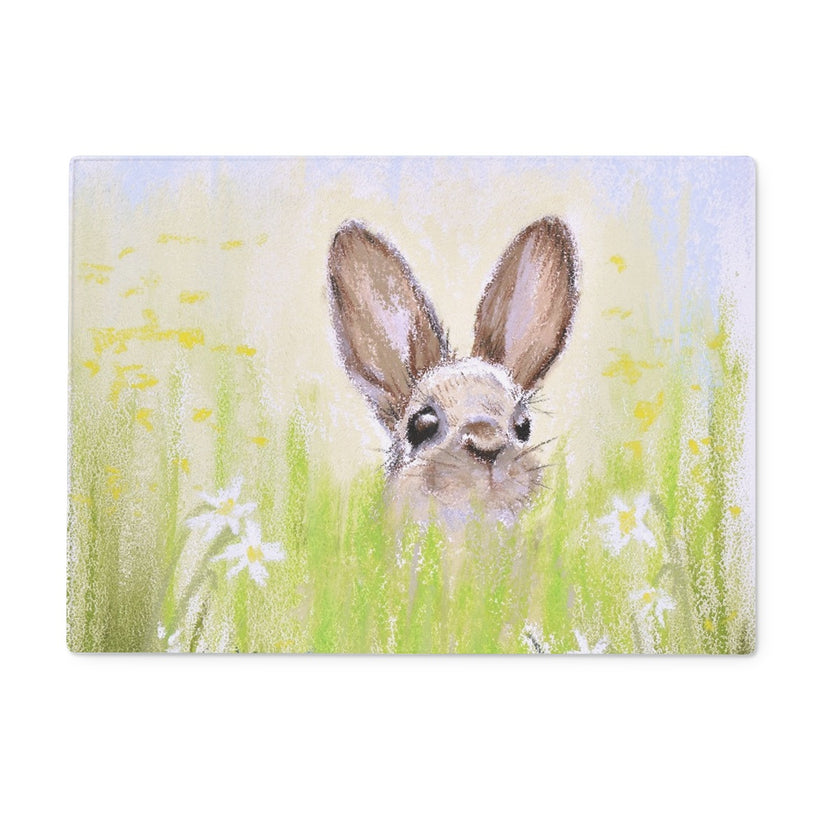 Rectangular chopping board with a rabbit in a field of flowers 