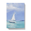 Sailboat on a blue sea with white clouds in the sky. front cover