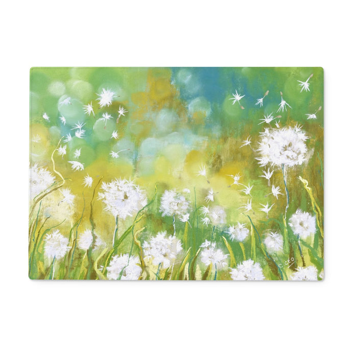 Rectangular chopping board with a floral design featuring white fluffy dandelion seed heads. 