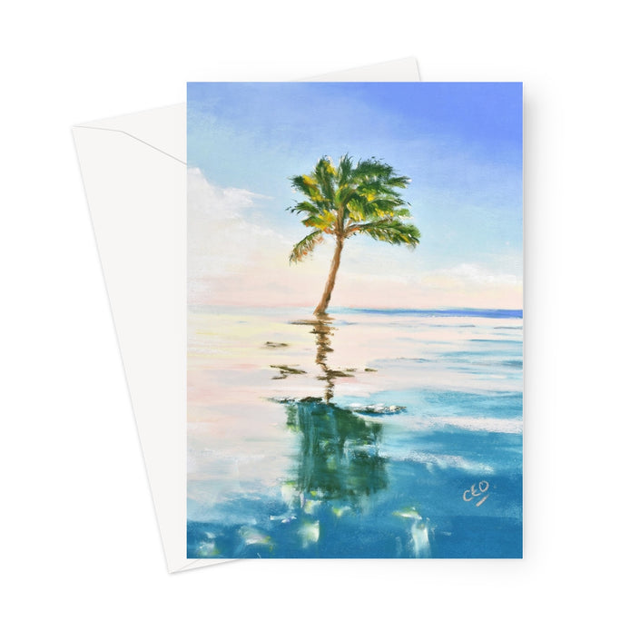 A vertical art print or greeting card featuring a painted tropical scene with a single palm tree standing in calm blue water, with an envelope partially visible behind it on a white background.