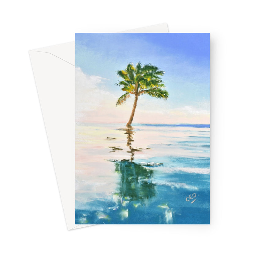A vertical art print or greeting card featuring a painted tropical scene with a single palm tree standing in calm blue water, with an envelope partially visible behind it on a white background.