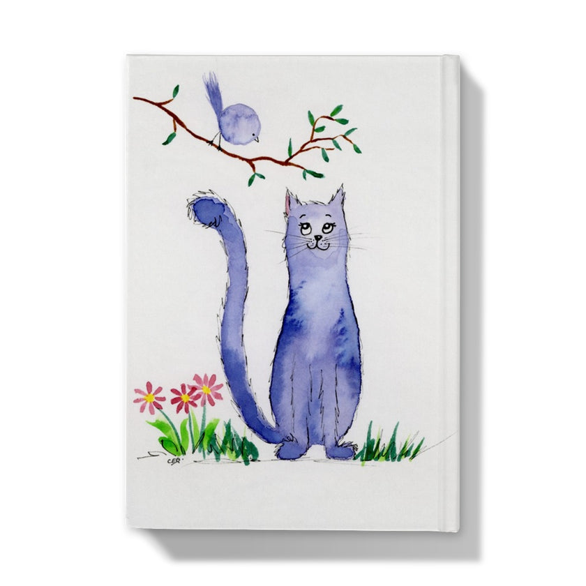 Whimsical purple feline looking at a bird in a tree, watercolour artwork on journal cover. Back cover