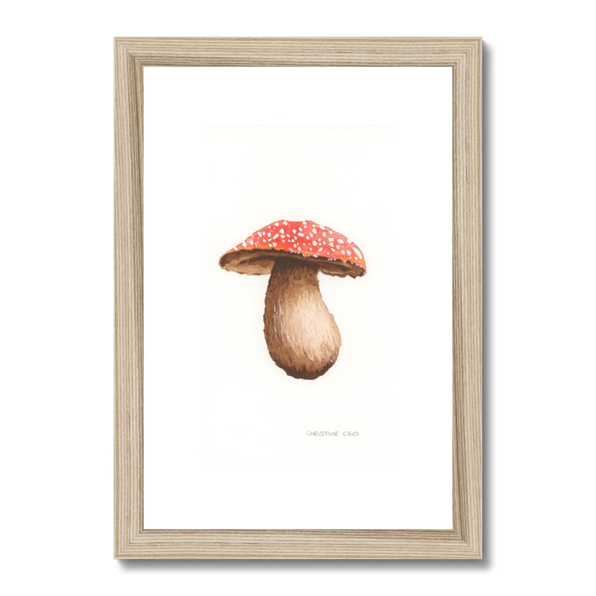 Framed artwork of a mushroom with a red cap with a wooden frame
