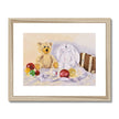 Teddy bear and rabbit sit surrounded by silken ribbon and baubles. Fine art print in natural wooden frame