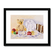 Teddy bear and rabbit sit surrounded by silken ribbon and baubles. Fine art print in black frame