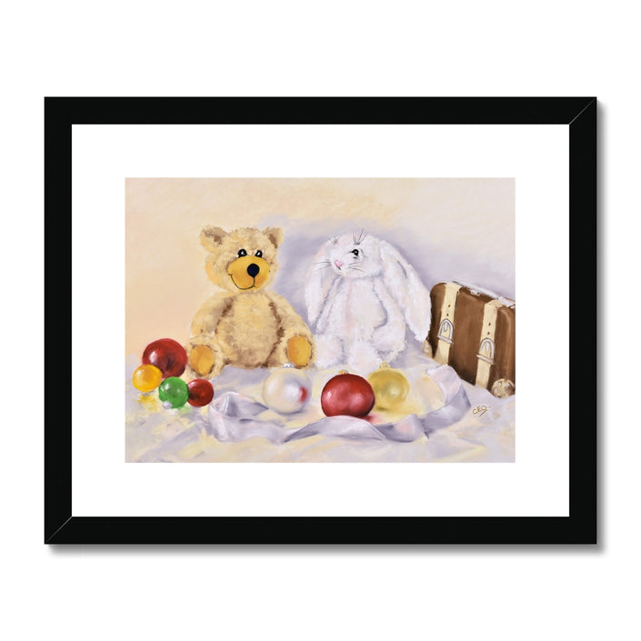 Teddy bear and rabbit sit surrounded by silken ribbon and baubles. Fine art print in black frame