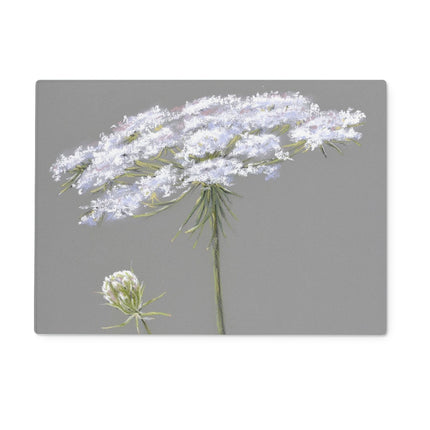 Rectangular chopping board. Illustration of white flowers on a gray background