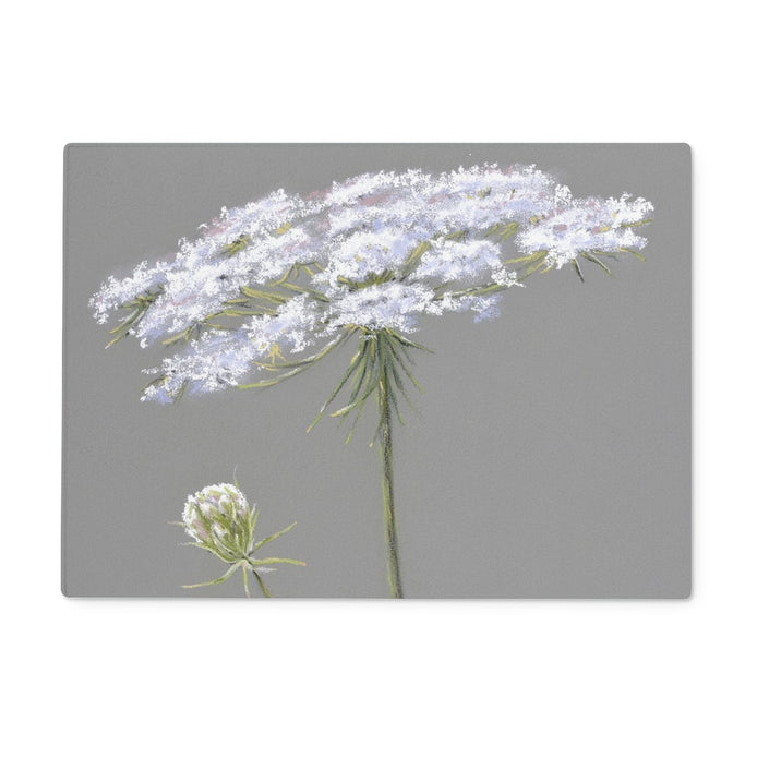 Rectangular chopping board. Illustration of white flowers on a gray background