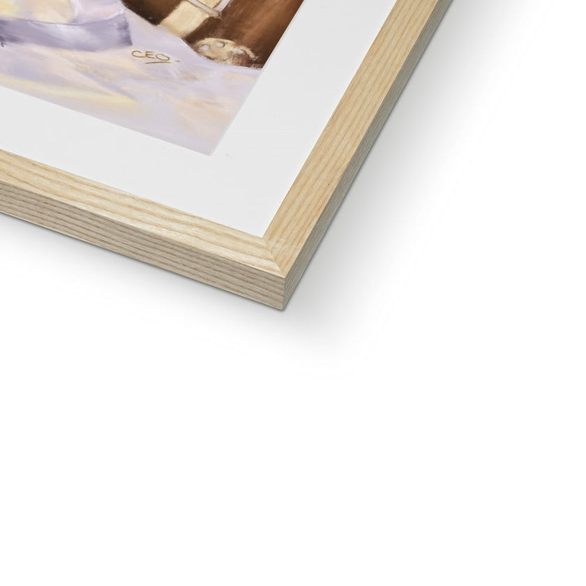 iTeddy Bears at Christmas, art print in natural frame. Close up of bottom corner and natural frame