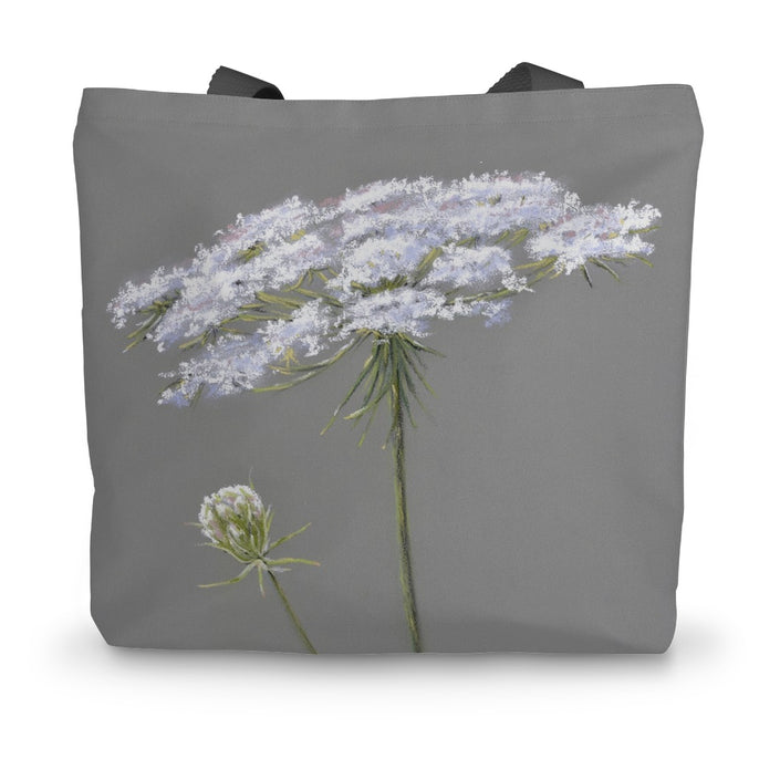 Gray tote bag with white floral design 