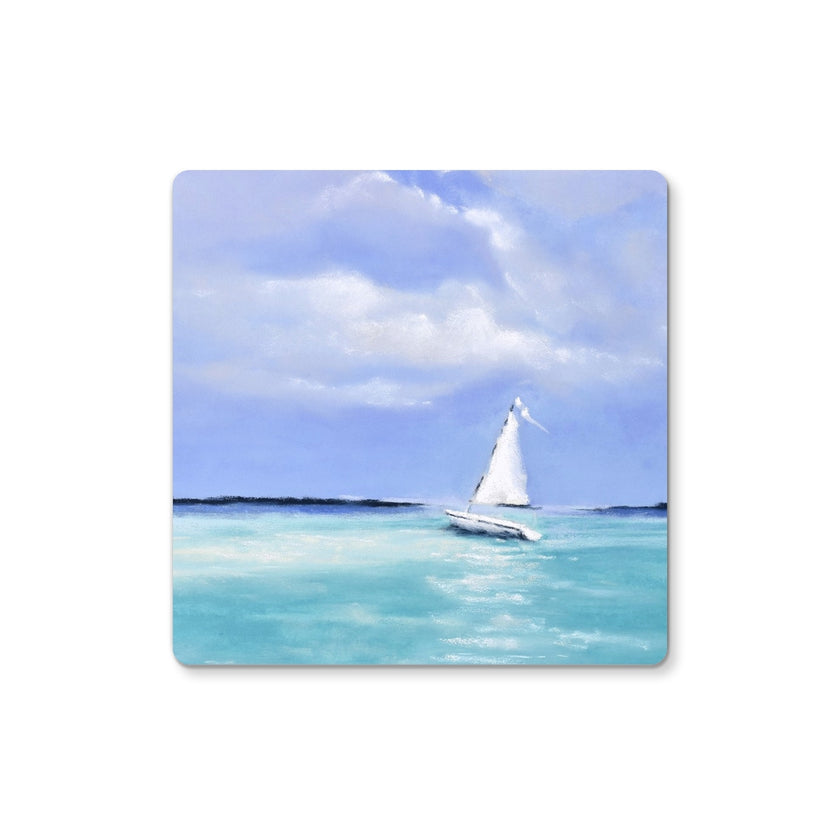 White sailboat artwork designed drinks coaster
