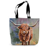 Tote bag with a highland cow design on a multi coloured background