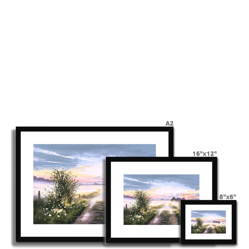 Ethereal misty landscape at sunrise, fine art prints with black frames and white mount. Different sizes