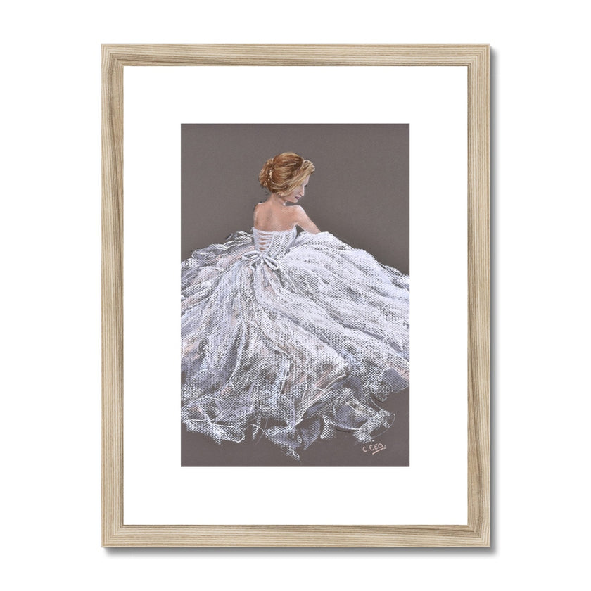 Beautiful woman in a white dress artwork. Fine art print in wooden frame with white matt