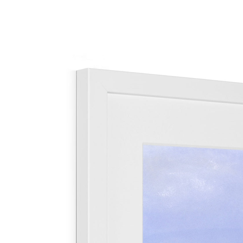 White Sailboat fine art print. Close up of top corner and white frame detail