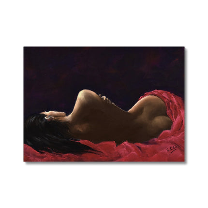 Beautiful young woman draped in red velvet painting. Fine art canvas print. 