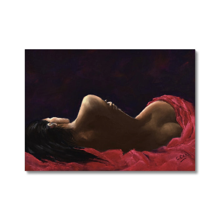 Beautiful young woman draped in red velvet painting. Fine art canvas print. 