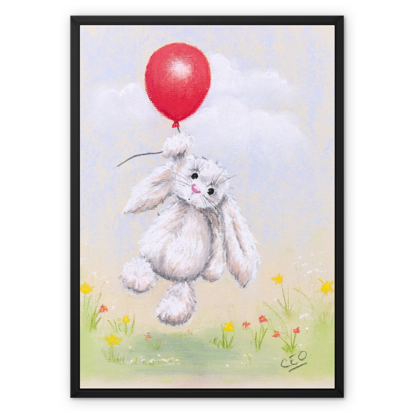 Rabbit and balloon fine art canvas print in a modern black picture frame. 