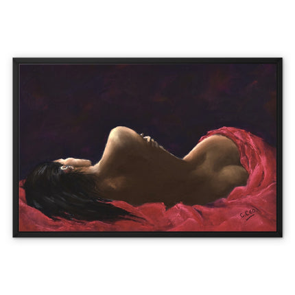 Lady in Red painting. Canvas fine art print with black picture frame. 