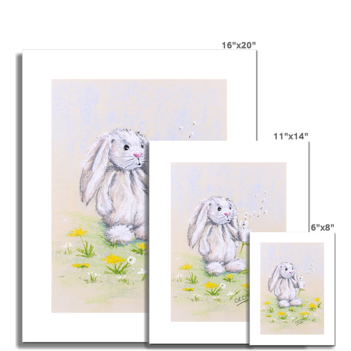 Rabbit and dandelion seeds art prints. Different sizes