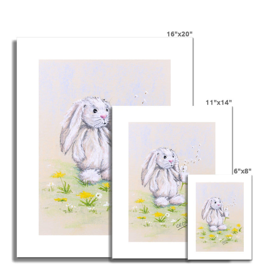 Rabbit and dandelion seeds art prints. Different sizes